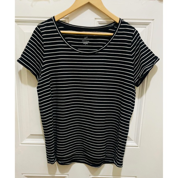 J Jill Everyday Cotton Tee Top, Black White Striped Short Sleeve Crew Neck - Picture 1 of 3